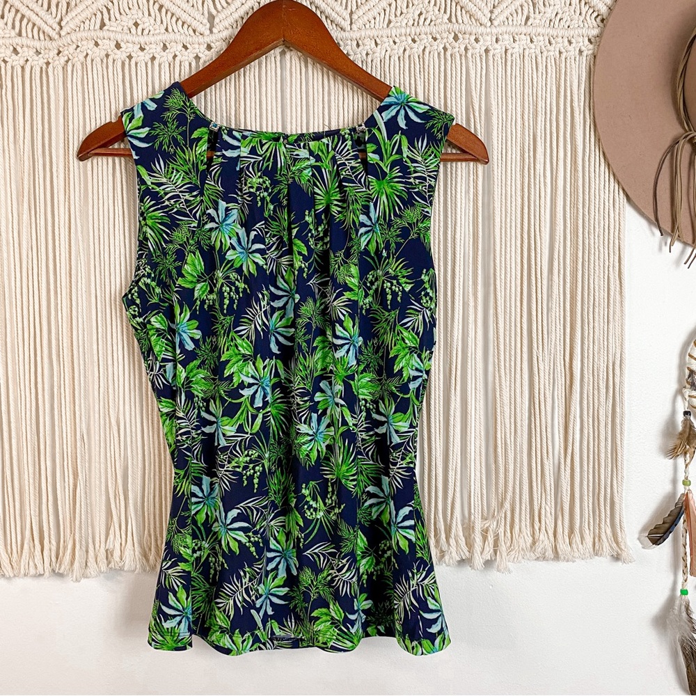 Tommy Hilfiger Navy Green Tropical Leaf Floral Print Sleeveless Top Size Small